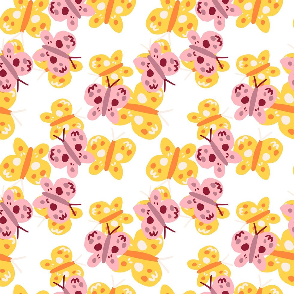 Cute butterfly seamless pattern. Doodle flying insect endless wallpaper. Naive art style. vector