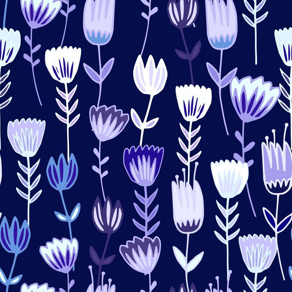 Hand drawn wild flower seamless pattern. Simple botanical endless background. Doodle flowers in folk style. vector