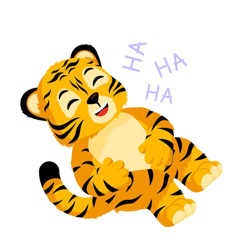 Cute little Tiger laughing character isolated. Happy club cartoon striped tiger in good mood. vector