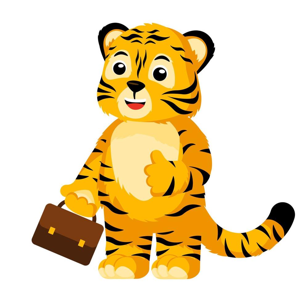 Cute Tiger office worker with case isolated. Happy character cartoon striped tiger employee. vector