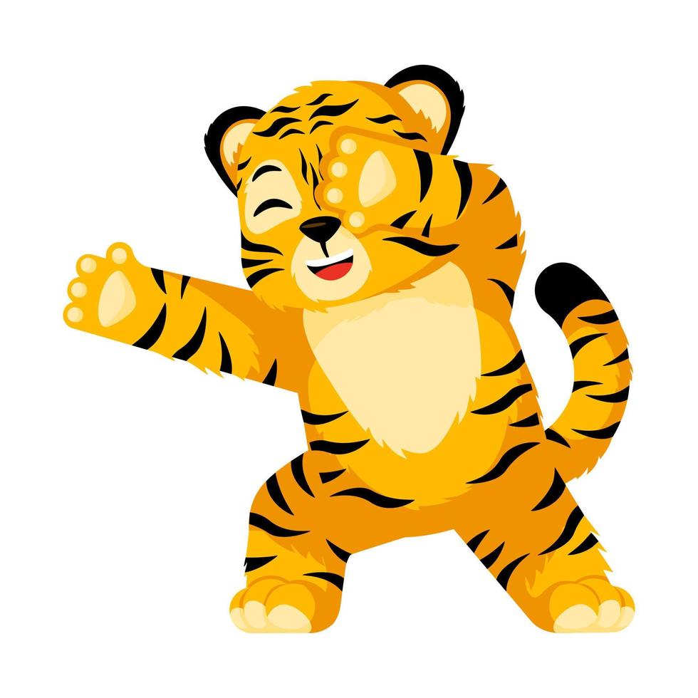 Cute little Tiger dabbing character isolated. Happy club cartoon striped tiger dancing. vector