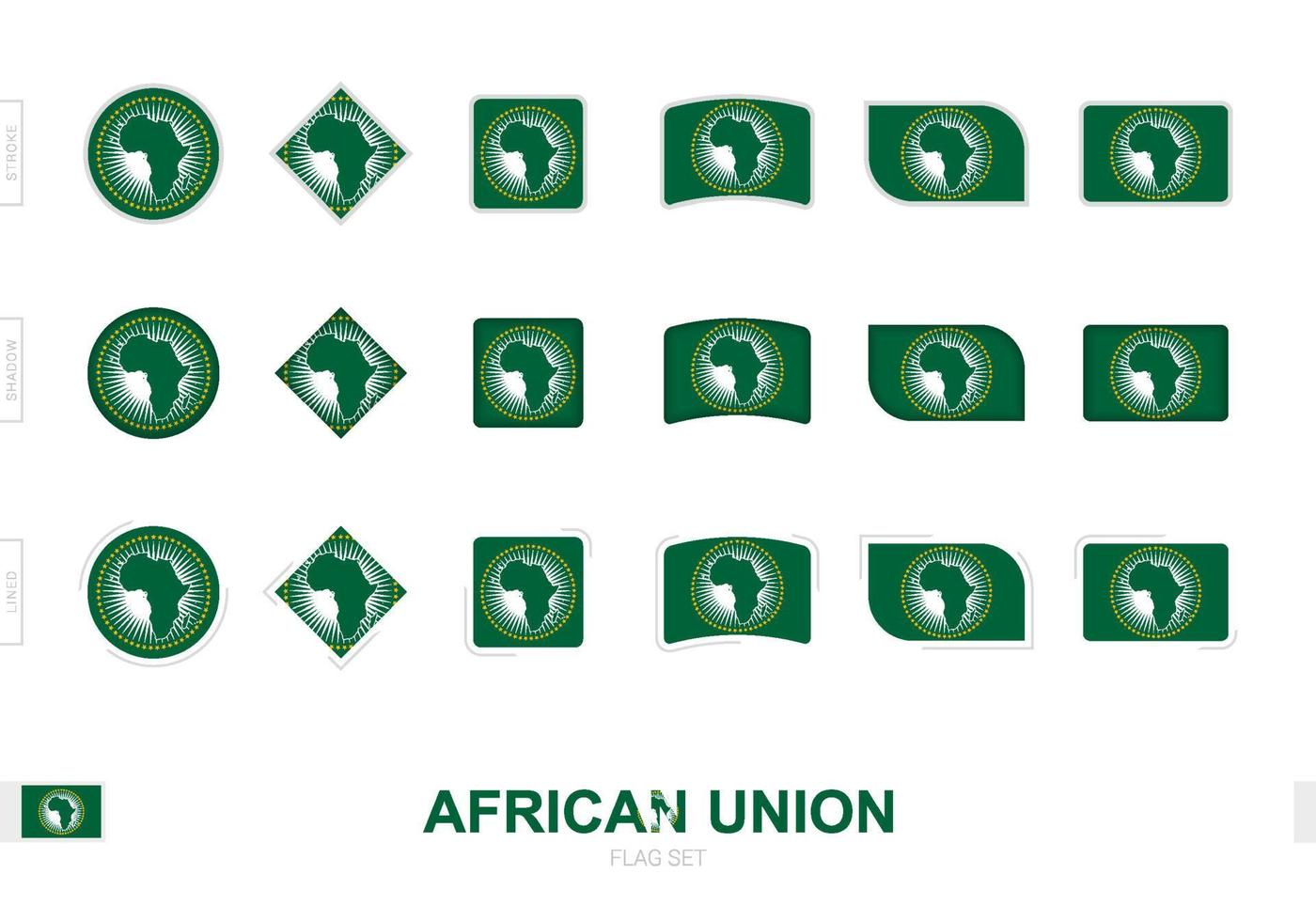 juego de banderas de la unión africana, banderas simples de la unión africana con tres efectos diferentes. vector