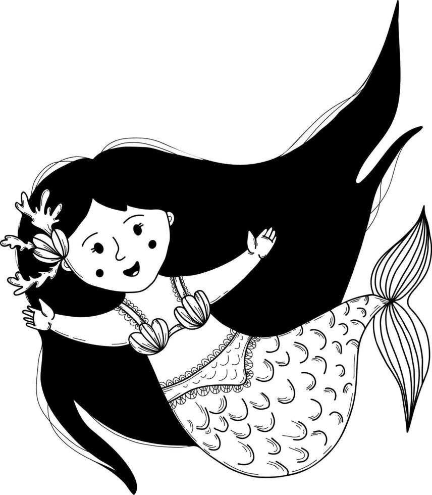 linda chica sirena. ilustración vectorial.elemento de garabato lineal para el diseño y la decoración. vector