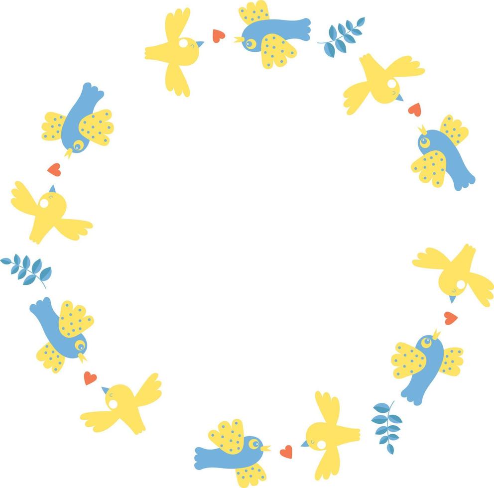 Round frame with yellow-blue birds. Vector illustration. Round frame for decor, design, print, napkins