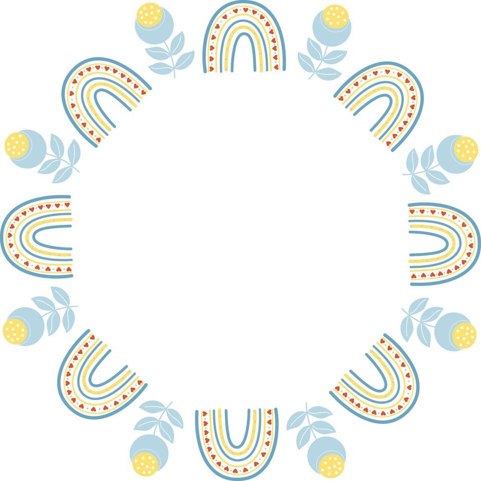 Round frame with rainbow and flowers. Vector illustration. Round frame for decor, design, print, napkins