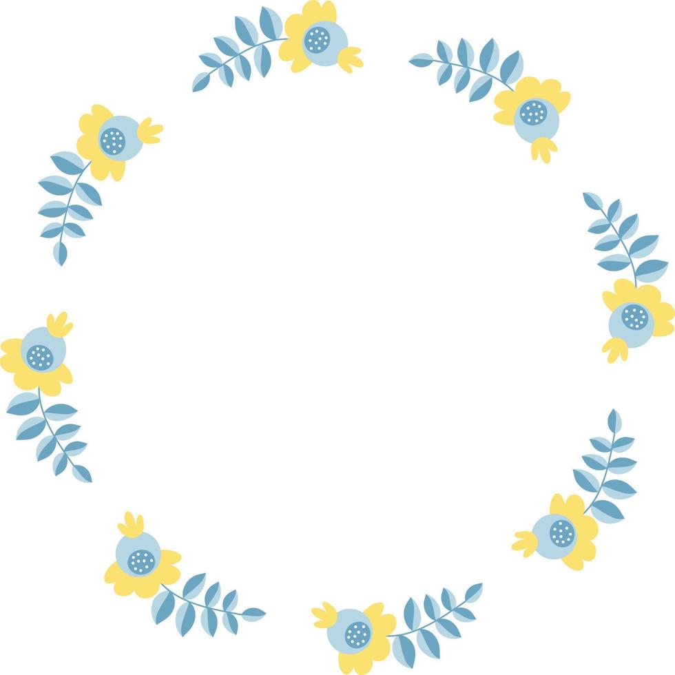 frame with blue-yellow flowers. Vector illustration. Round frame for decor, design, print, napkins