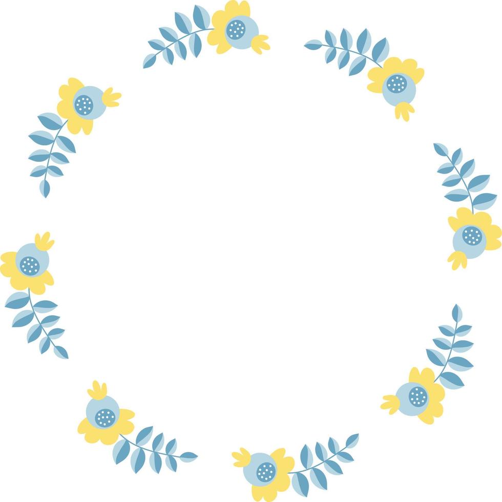 frame with blue-yellow flowers. Vector illustration. Round frame for decor, design, print, napkins