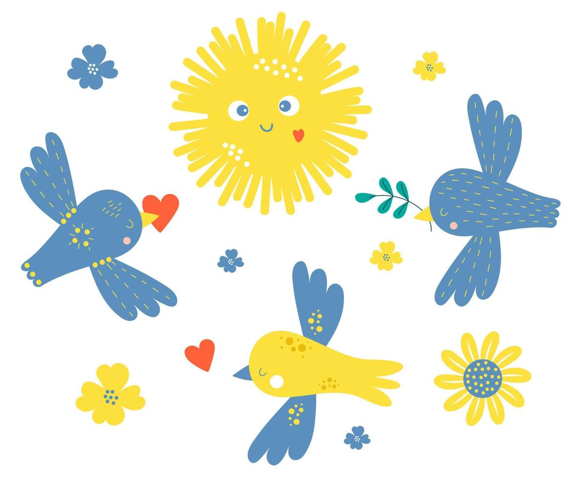 Collection of decorative yellow-blue birds with heart and dove with branch of peace and cute sun Yellow-blue colors of Ukrainian flag. Vector illustration. Isolated elements for decor, design, print