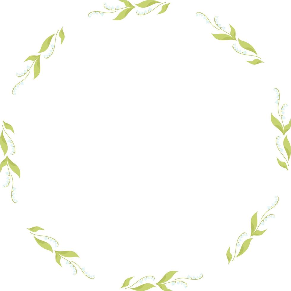spring card Round frame with May lilies of the valley with leaves. Vector illustration. Spring card, decoration, napkin for design, postcards, decor and decoration, print