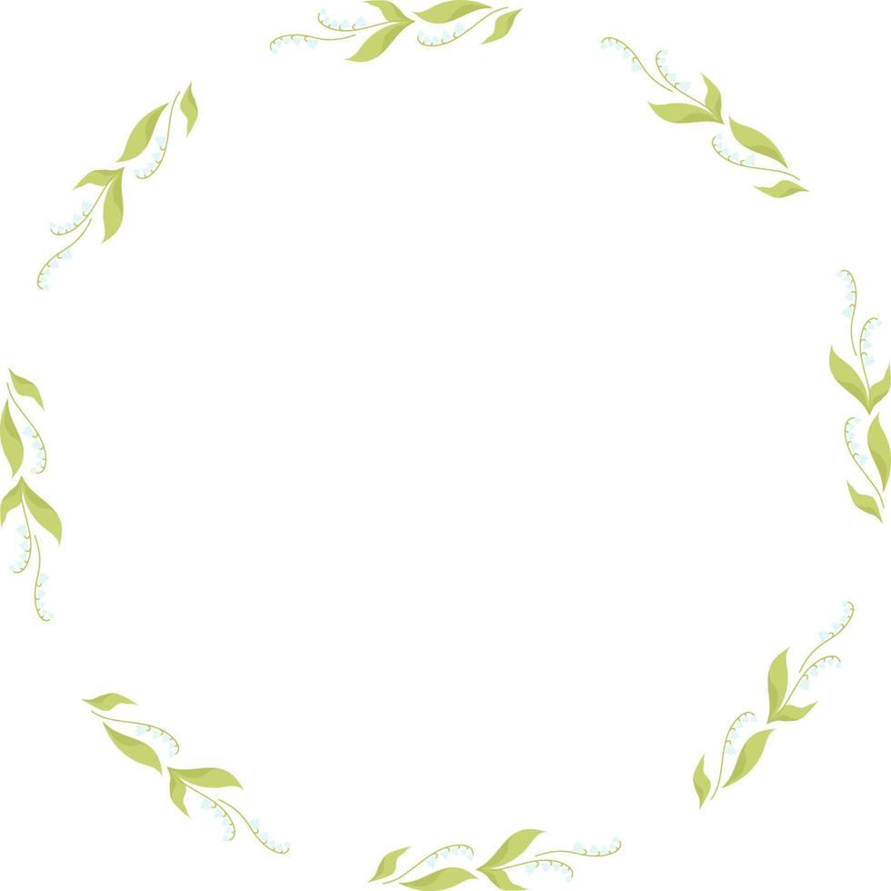 spring card Round frame with May lilies of the valley with leaves. Vector illustration. Spring card, decoration, napkin for design, postcards, decor and decoration, print