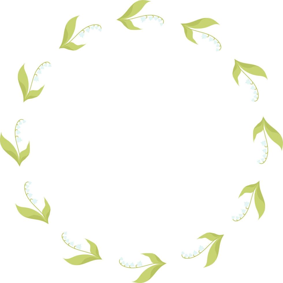 spring card Round frame with May lilies of the valley with leaves. Vector illustration. Spring card, decoration, napkin for design, postcards, decor and decoration, print