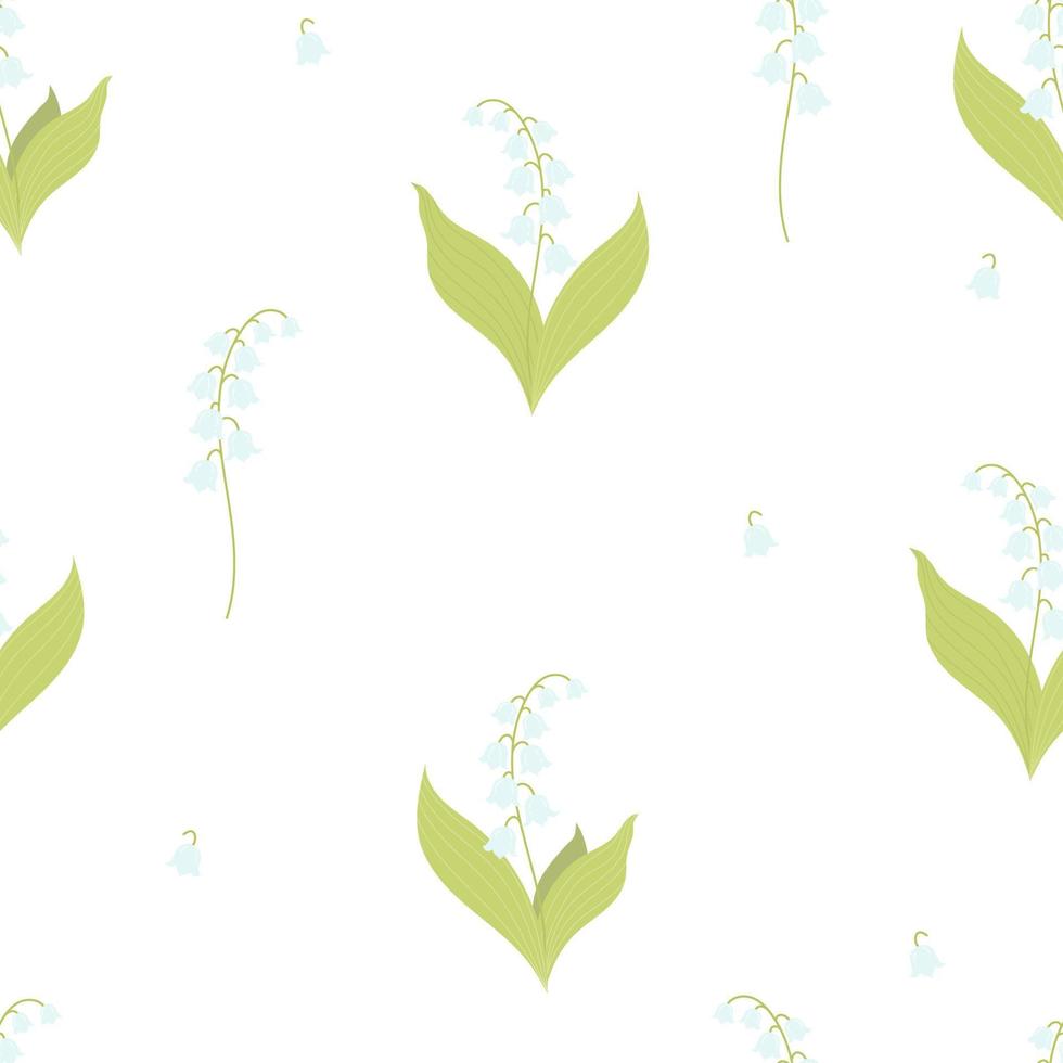 Seamless pattern with Beautiful May lilies of the valley. Vector illustration. Spring pattern with forest flower for design, packaging, decor and decoration, print