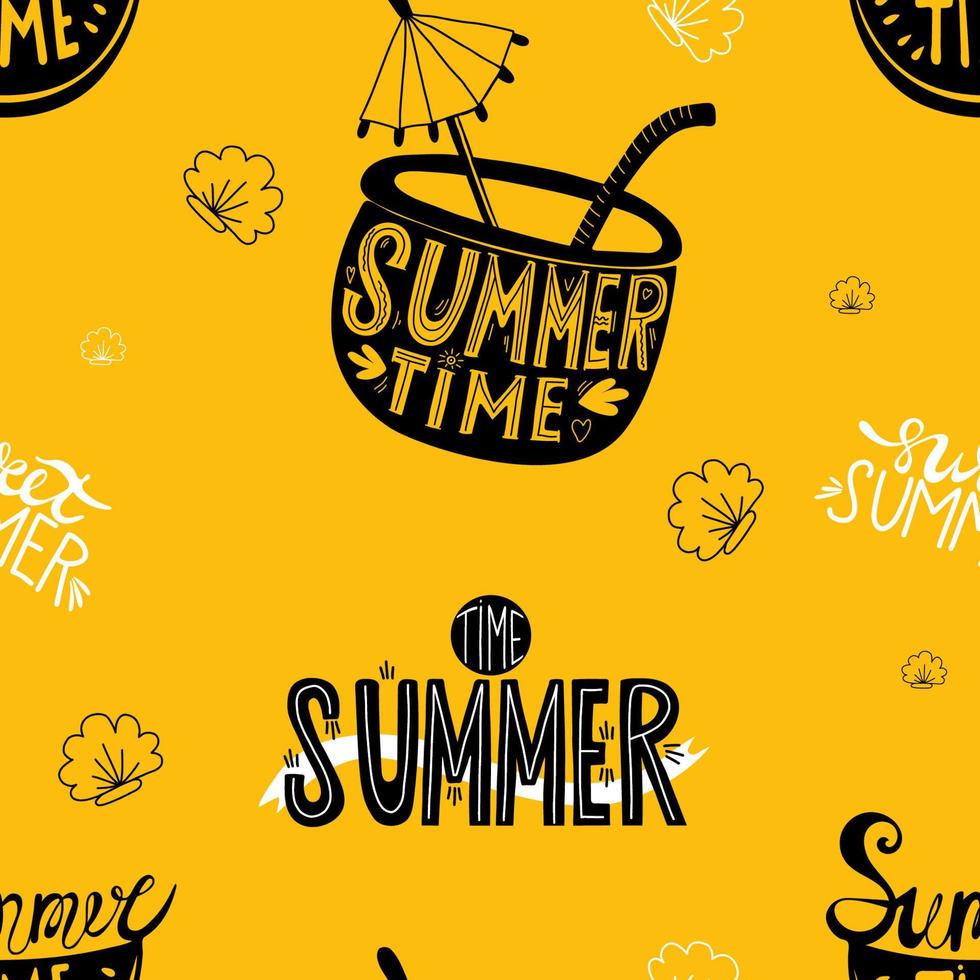 Seamless summer pattern. slice of watermelon and cocktail with straw with lettering summer time on yellow background with seashells. Vector illustration for design, decor, wallpapers and packaging