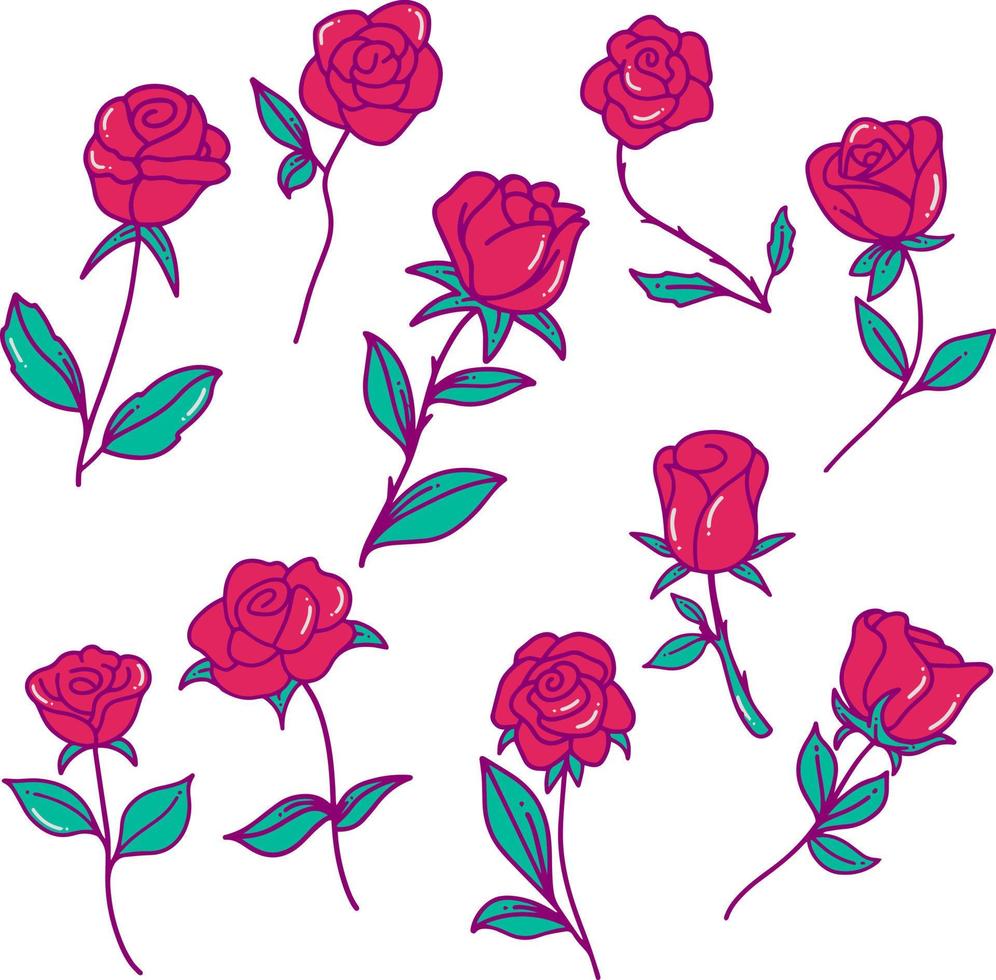 paquete de ilustración de doodle de rosas rojas vector