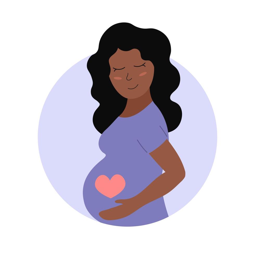 Cute pregnant woman. Happy african american person with heart on belly. Pregnancy concept. Flat vector illustration of expectant mother.