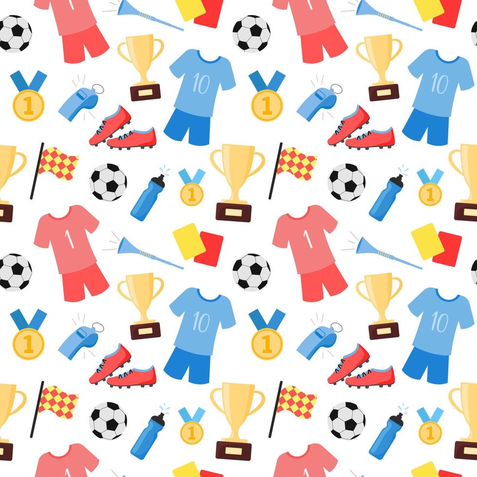 Football seamless pattern. Vector background with soccer game elements. Flat illustration of ball for football sport game, equipment and clothes