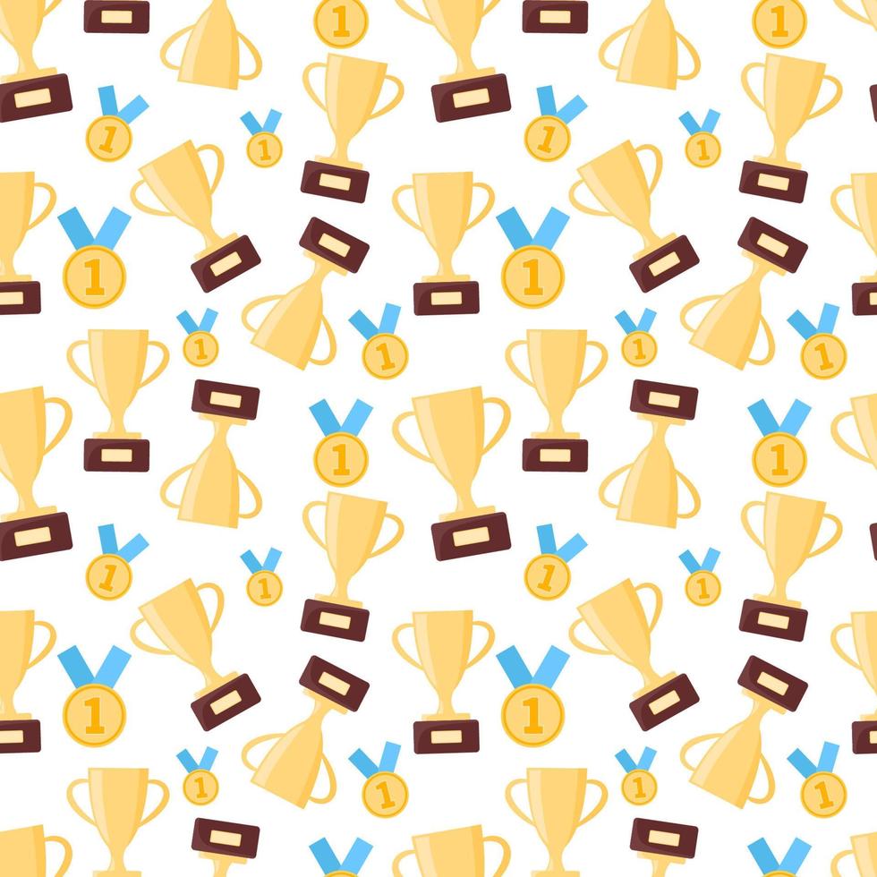 Sports cups and gold medals pattern. Winner award seamless white background. Vector repeat illustration with trophy cup