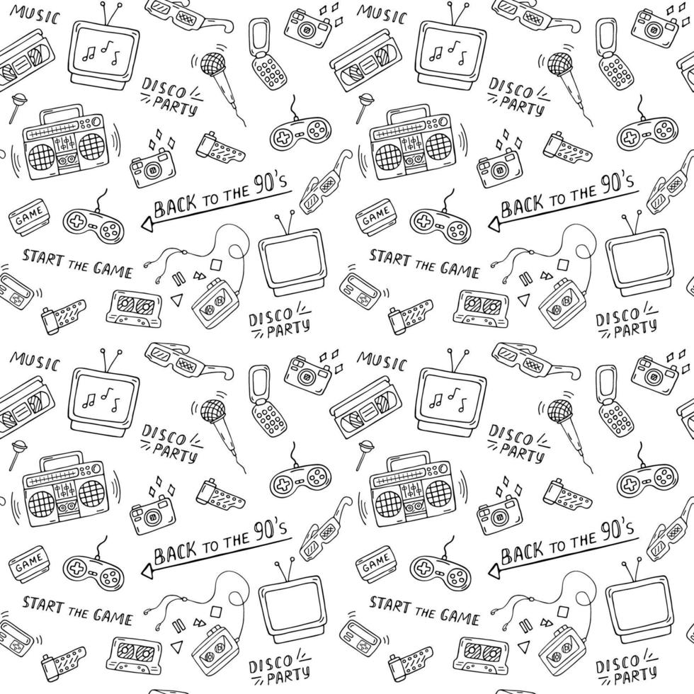 Retro black and white pattern. 90s doodles seamless background. Trendy vector pattern with hand drawn elements from 1990s