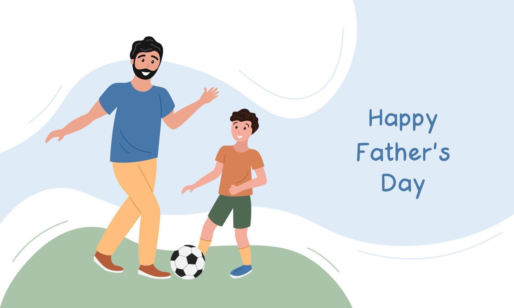 pancarta del día del padre feliz, tarjeta de felicitación. padre e hijo jugando al fútbol juntos. padre, niño y pelota de fútbol sobre césped. ilustración de cartel de vector plano