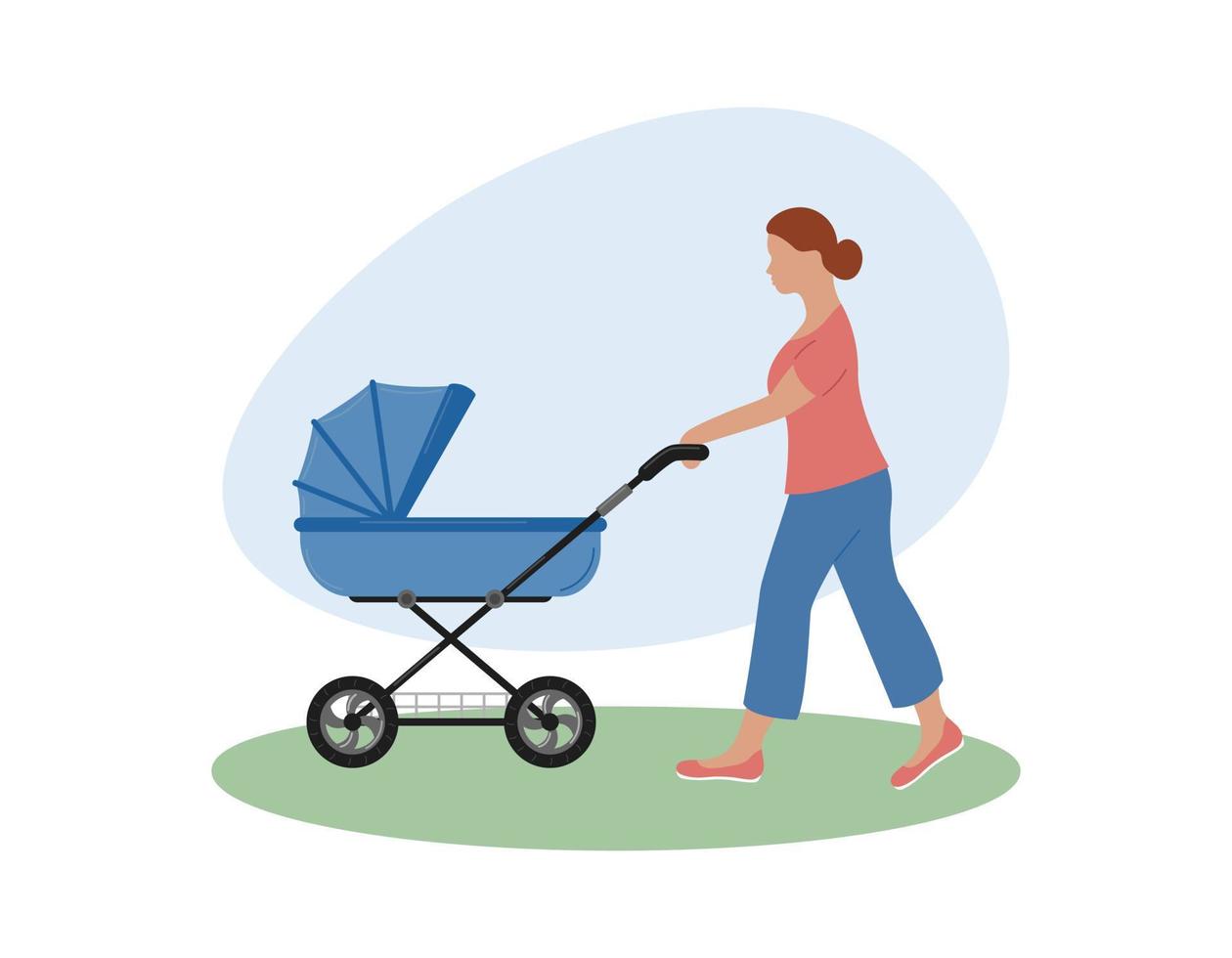 Mother walks with baby stroller in summer. Woman pushing pram for newborn, carriage for little child. Young mother walking with baby in park. Flat vector illustration