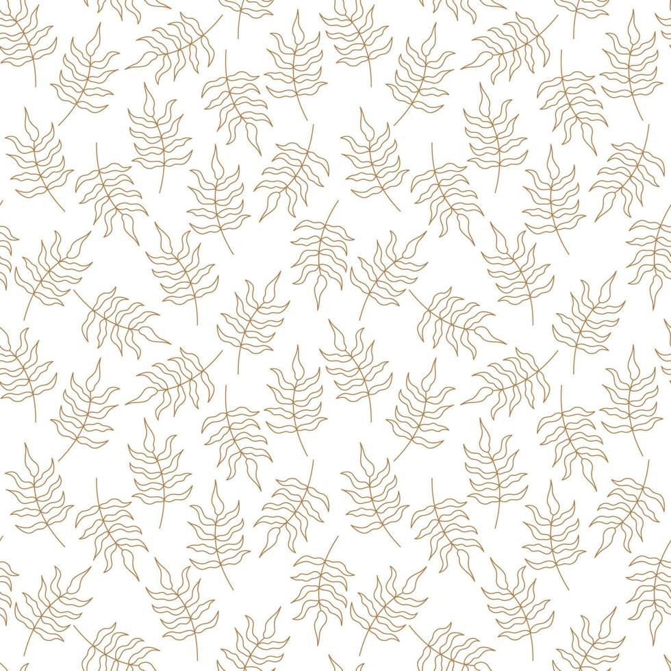 Leaf pattern. Outline tropical golden leaves on white background. Vector seamless illustration with hand drawn leaf plants