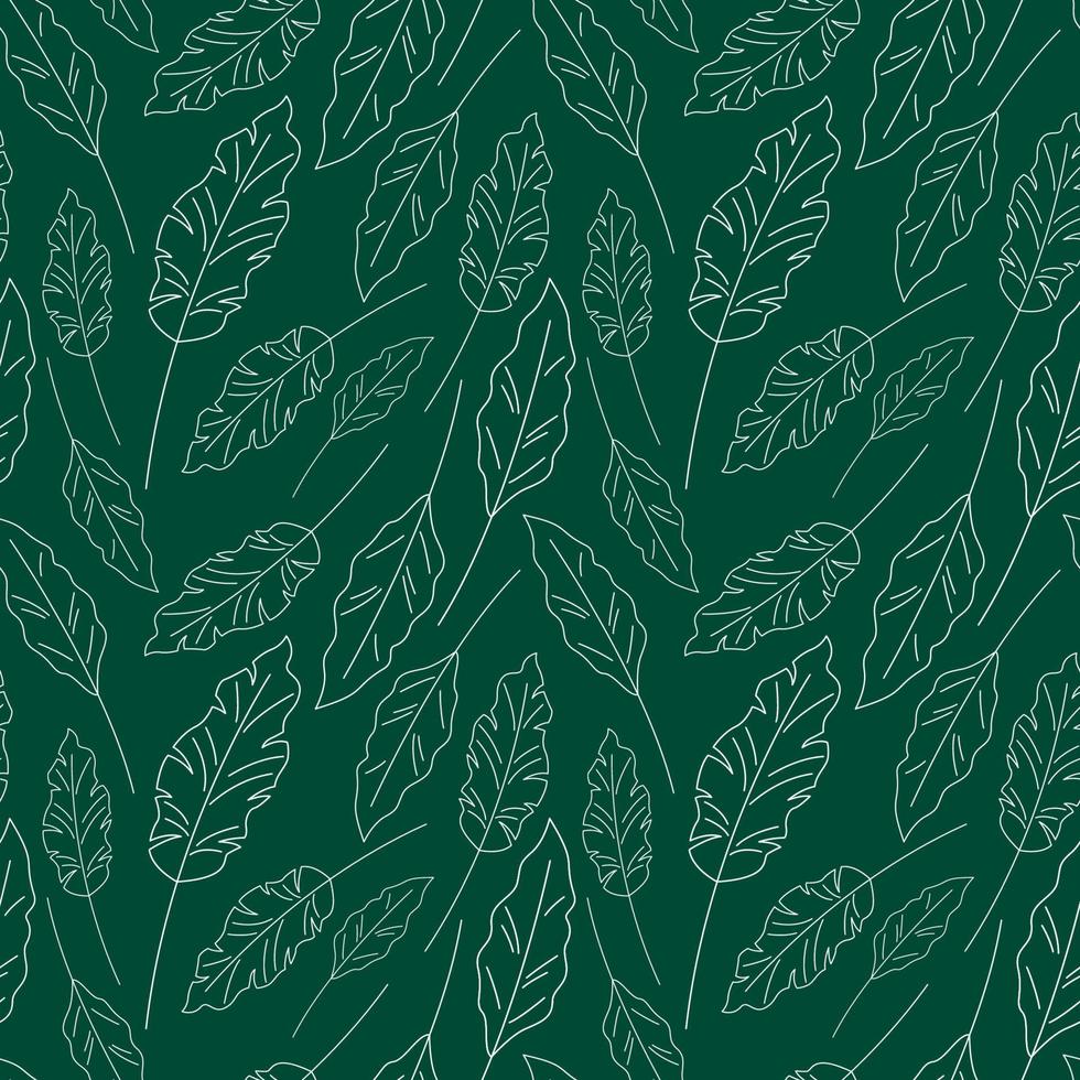 Outline leaf pattern. Vector seamless green background with white leaves. Hand drawn leaf plant repeat illustration