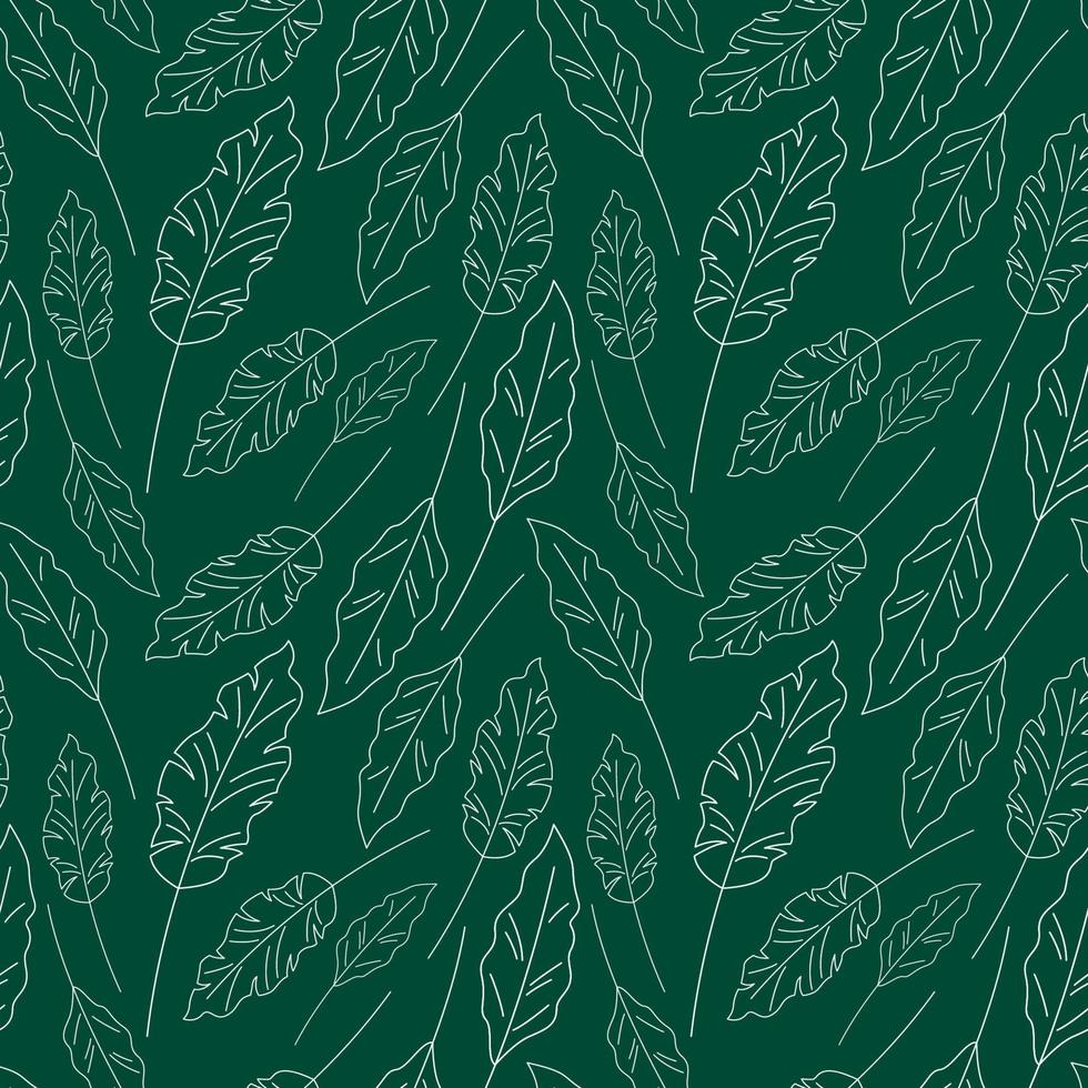 Outline leaf pattern. Vector seamless green background with white leaves. Hand drawn leaf plant repeat illustration