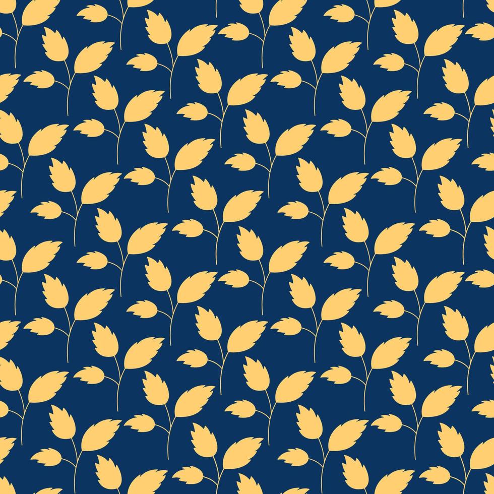 Leaf dark pattern. Vector seamless blue background with yellow leaves silhouettes. Hand drawn leaf plant repeat illustration