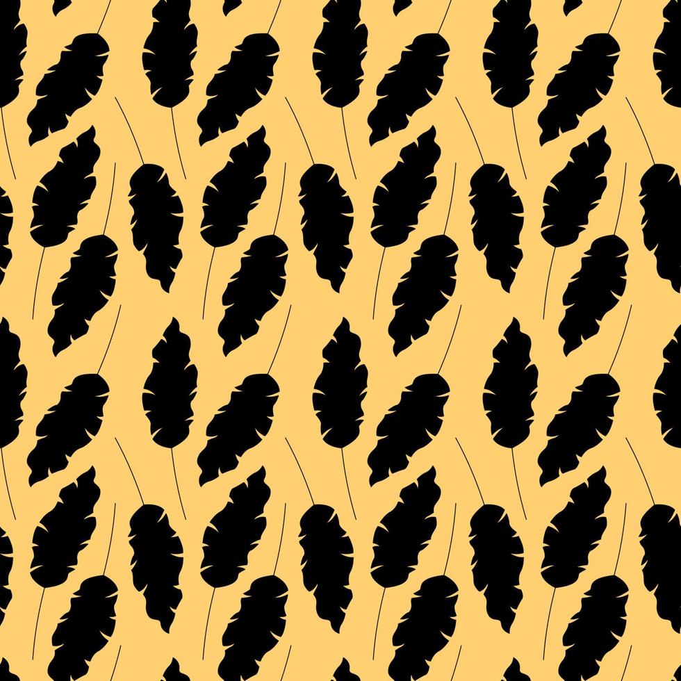 Leaf pattern. Black silhouettes of tropical leaves on yellow background. Vector seamless illustration with plants