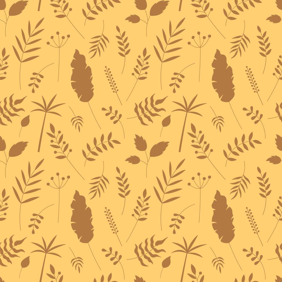 Plants pattern. Vector seamless tiled background with leaves and berries silhouettes. Leaf yellow backdrop