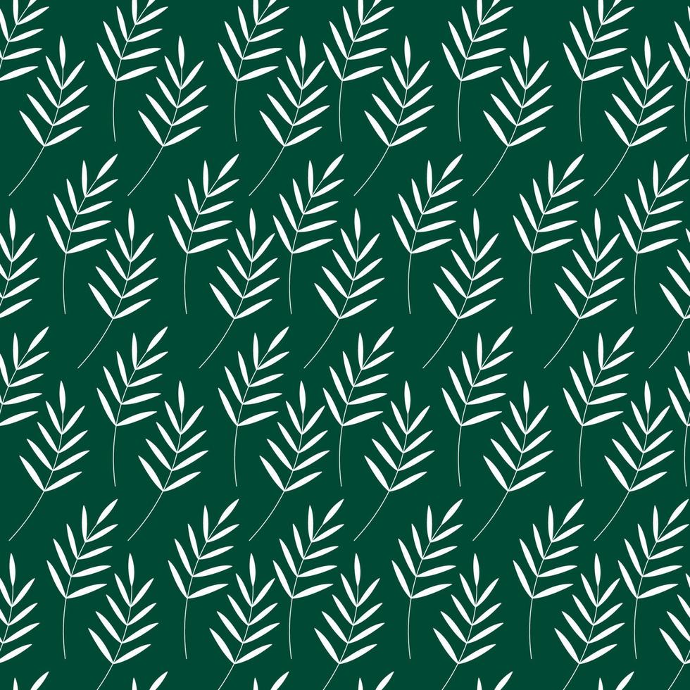 Leaf pattern. Silhouettes of white leaves on green background. Vector seamless repeat illustration