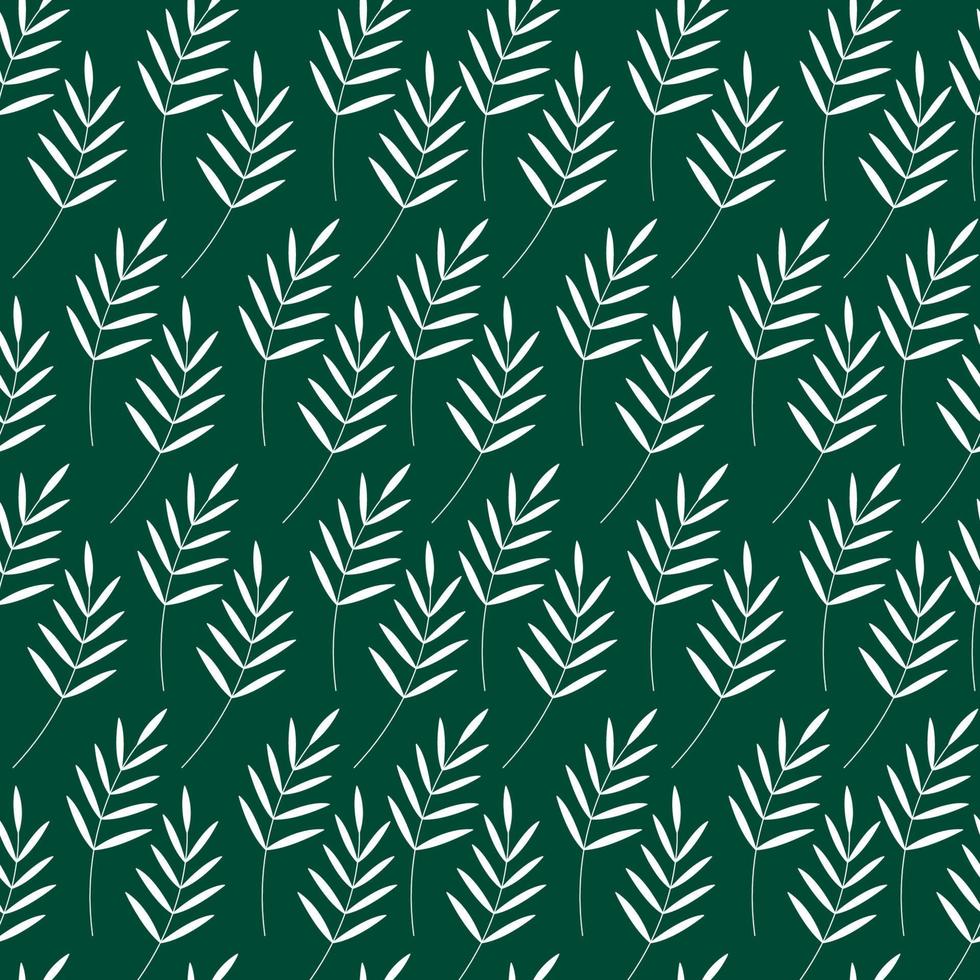 Leaf pattern. Silhouettes of white leaves on green background. Vector seamless repeat illustration