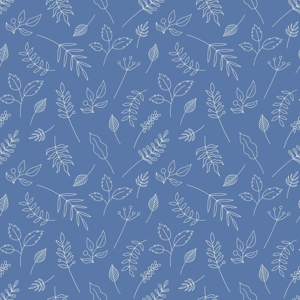 Leaf pattern. Vector seamless background with outline white leaves. Hand drawn leaf plant repeat illustration