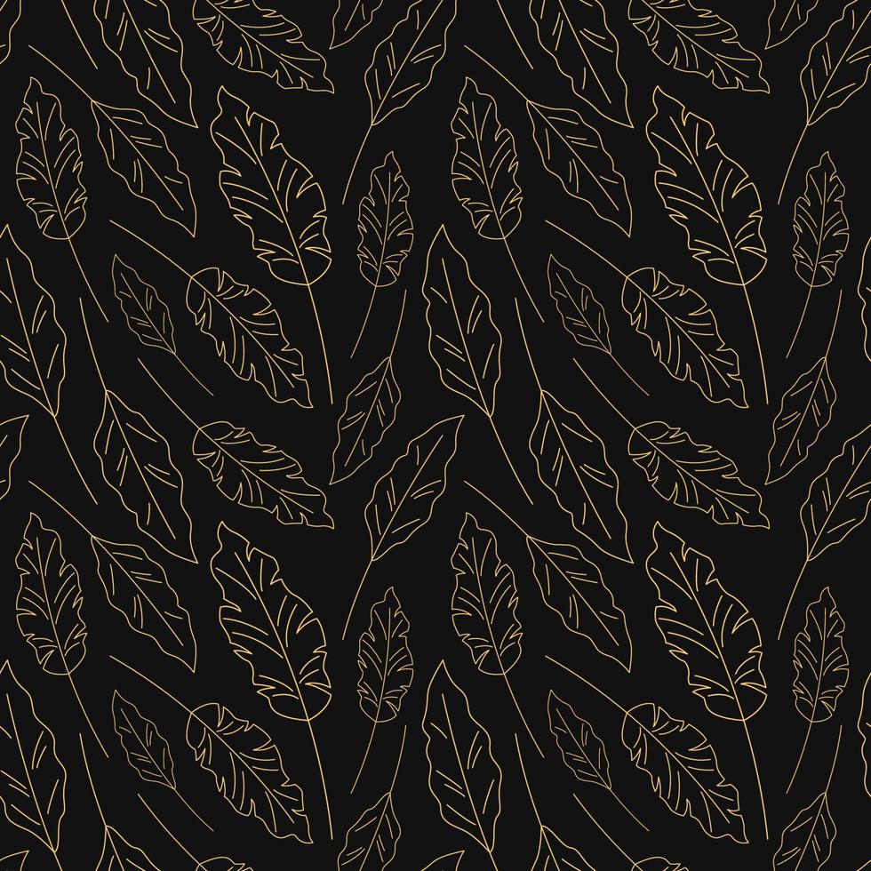 Leaf pattern. Outline golden leaves on black background. Vector seamless illustration with hand drawn leaf plants
