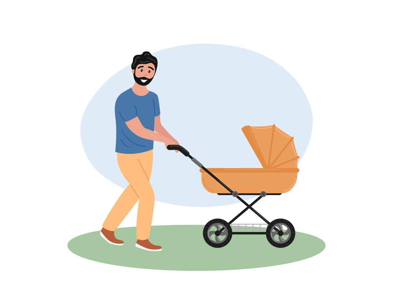 Dad walks with baby stroller in summer. Father pushing pram for newborn. Young man walking with little child. Flat vector illustration