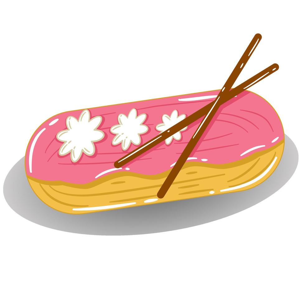 Sweet dessert vector for eclair or cream puff with strawberry topping and chocolate stick