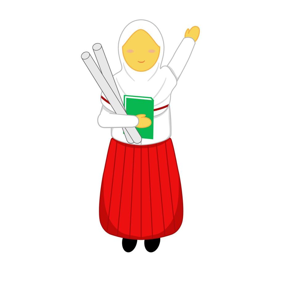 vector for muslimah elementary school student character holding books and roll of paper