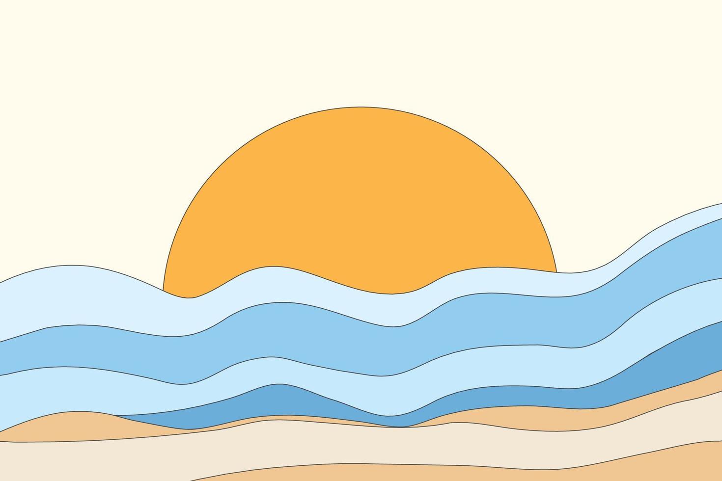 el paisaje del fondo de la estructura de las olas del mar. el círculo naranja parece un fondo de pantalla solar en un estilo abstracto vector