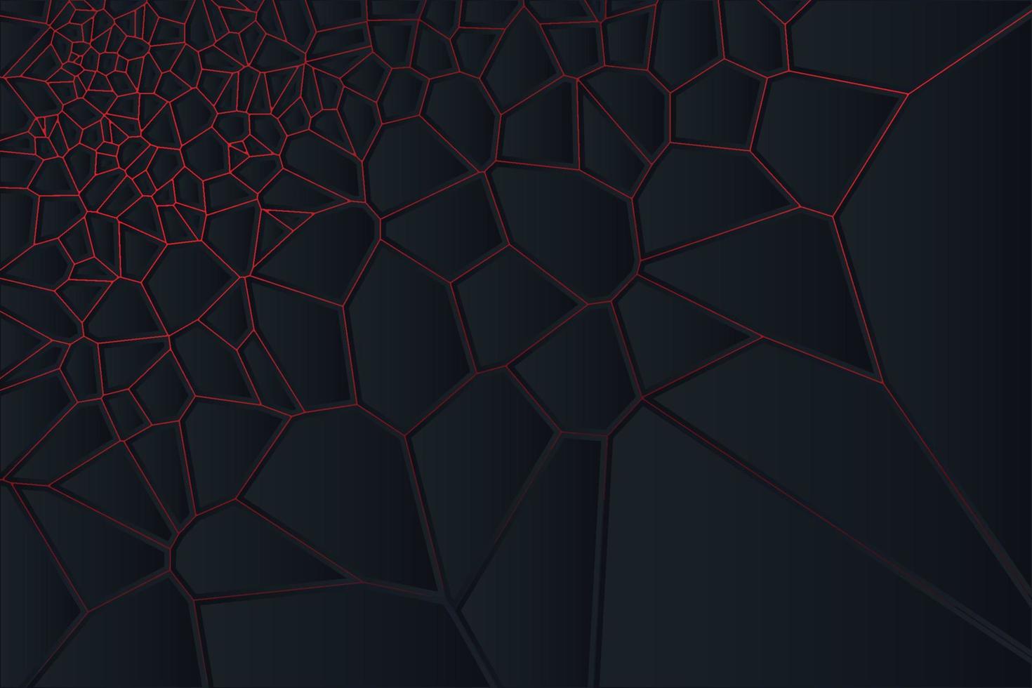 Bloques de diagrama de voronoi negro abstracto de lujo con retroiluminación de líneas de cuadrícula de degradado rojo. Fondo de vector de formas poligonales de estilo moderno y elegante. concepto de textura de mosaico geométrico limpio y simple