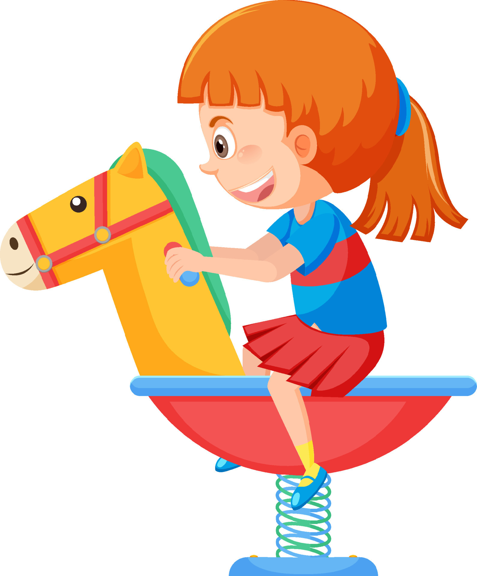 Cartoon girl riding on spring rocking horse 7546061 Vector Art at Vecteezy