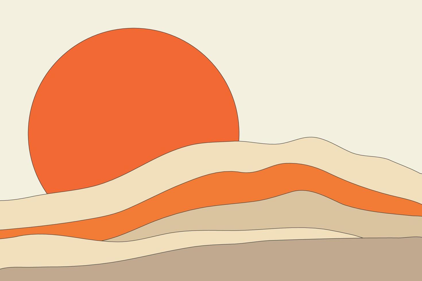 Relief landscape flat line art illustration. Trendy vivid decorative surface with cartoon layered mountain and large orange sun background design concept vector