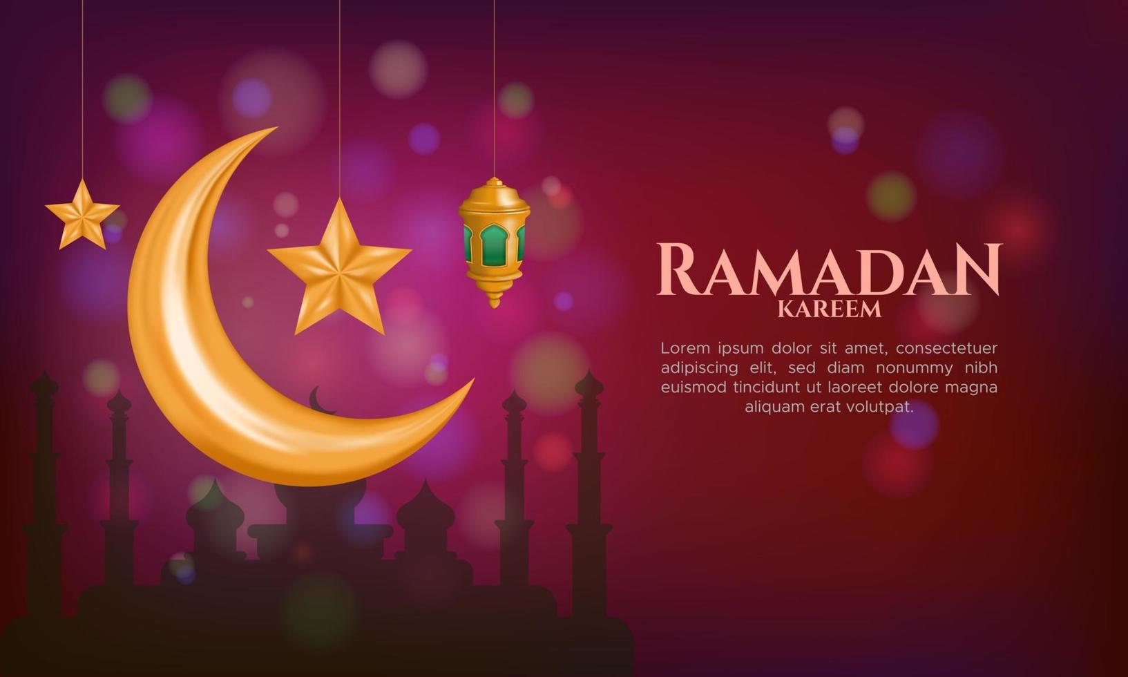 tarjeta de felicitación ramadan kareem con luna creciente y lámpara colgante en fondo marron bokeh vector