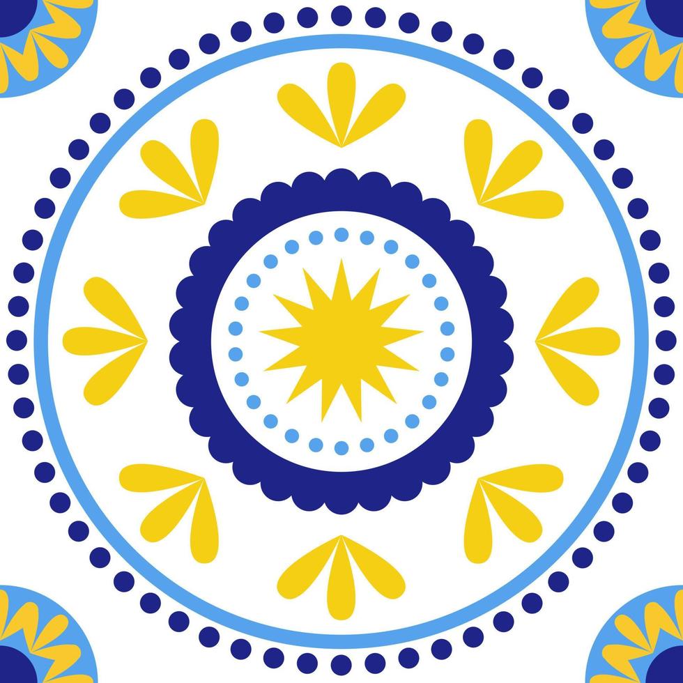 Flower seamless pattern. Azulejo. Bright Portuguese tiles with sun, sea and Mediterranean mood. vector