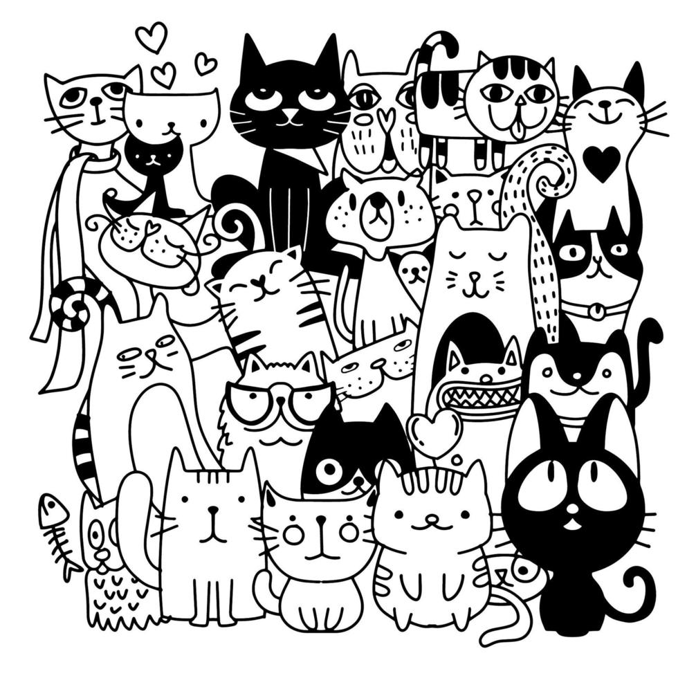 gatos divertidos dibujados a mano. ilustración vectorial de animales con gatitos adorables. vector