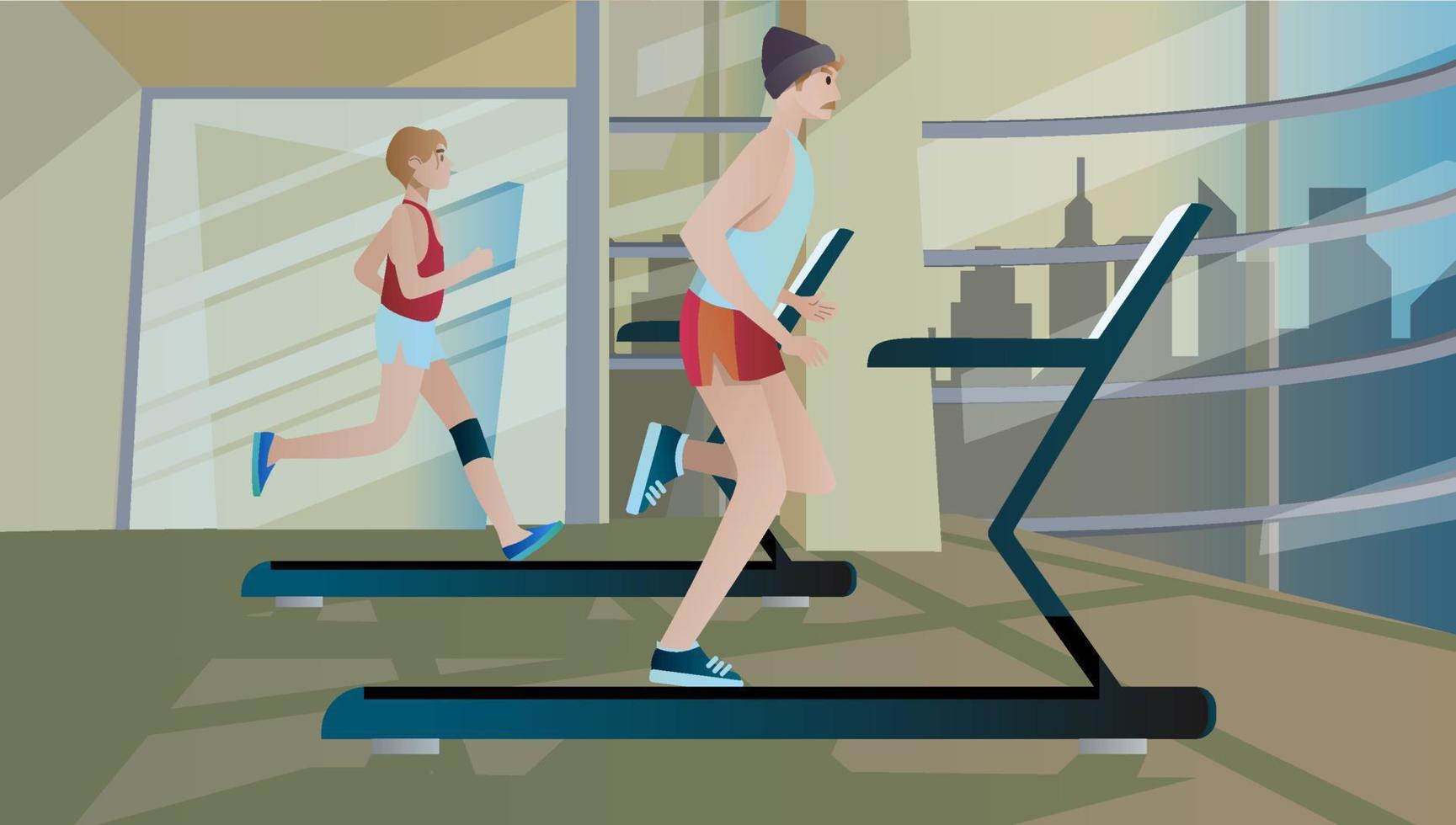 young man running on treadmill isolated. Vector flat style illustration