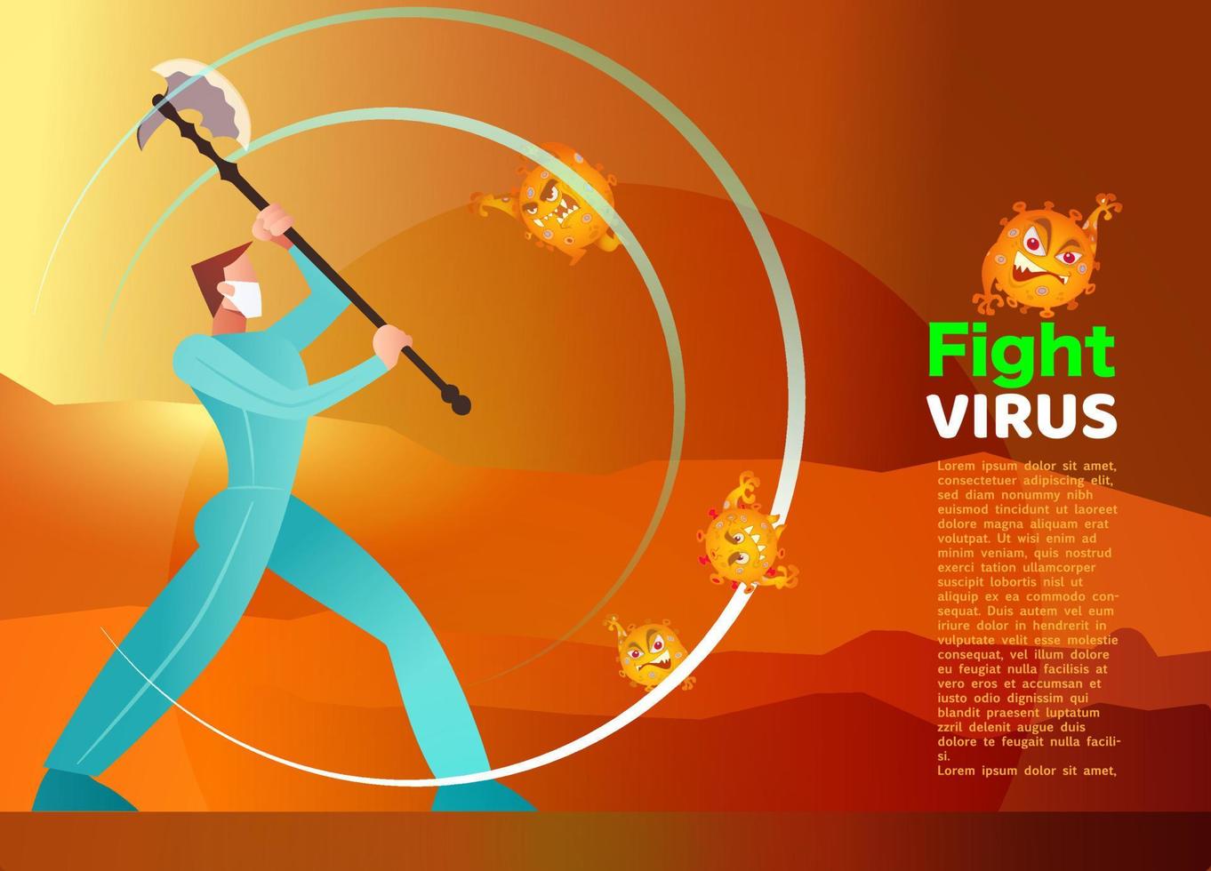 Vector illustration fight covid-19 corona virus. cure corona virus. People  fight virus concept