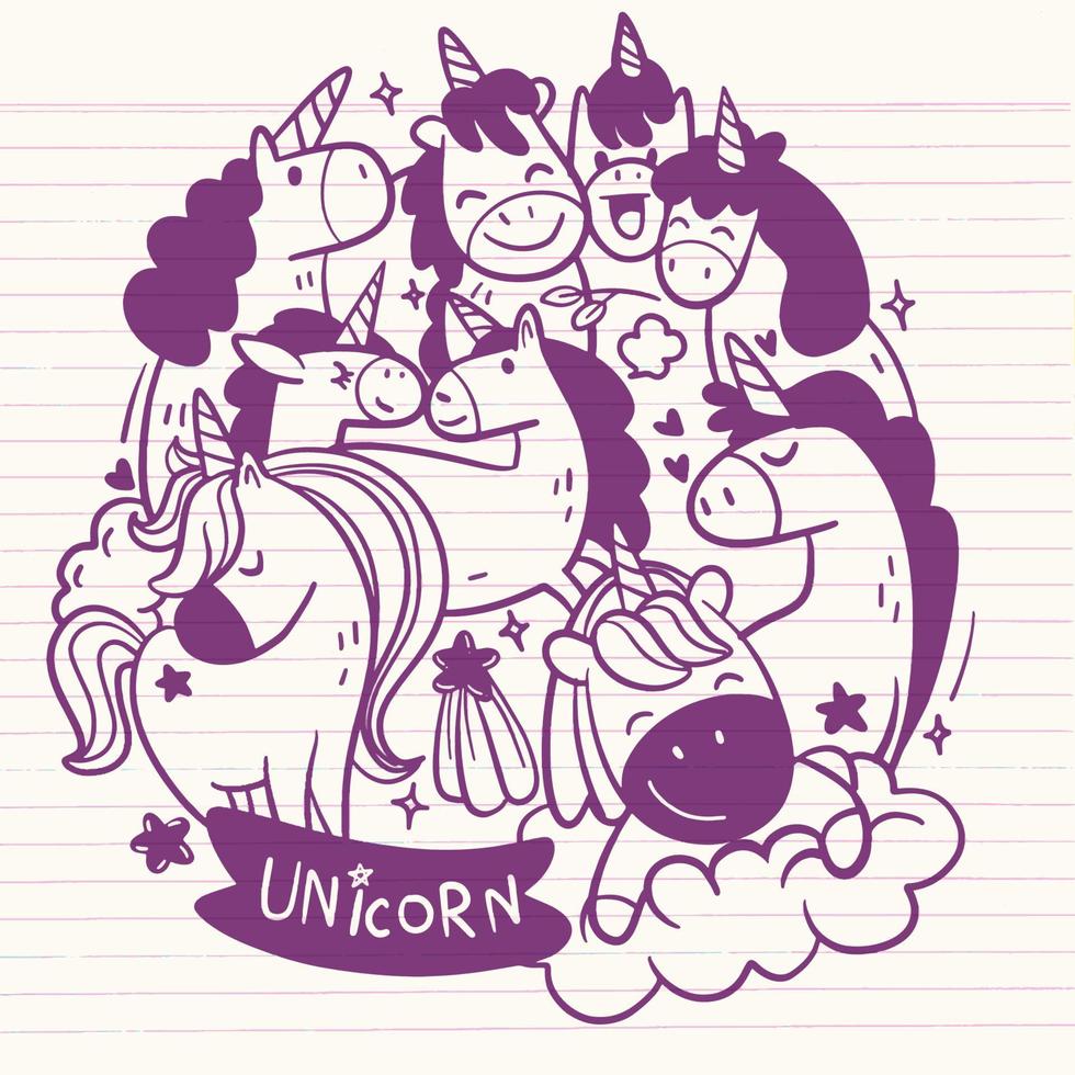 patrón de forma de círculo con un lindo grupo de unicornios, conjunto de divertidos y lindos vector