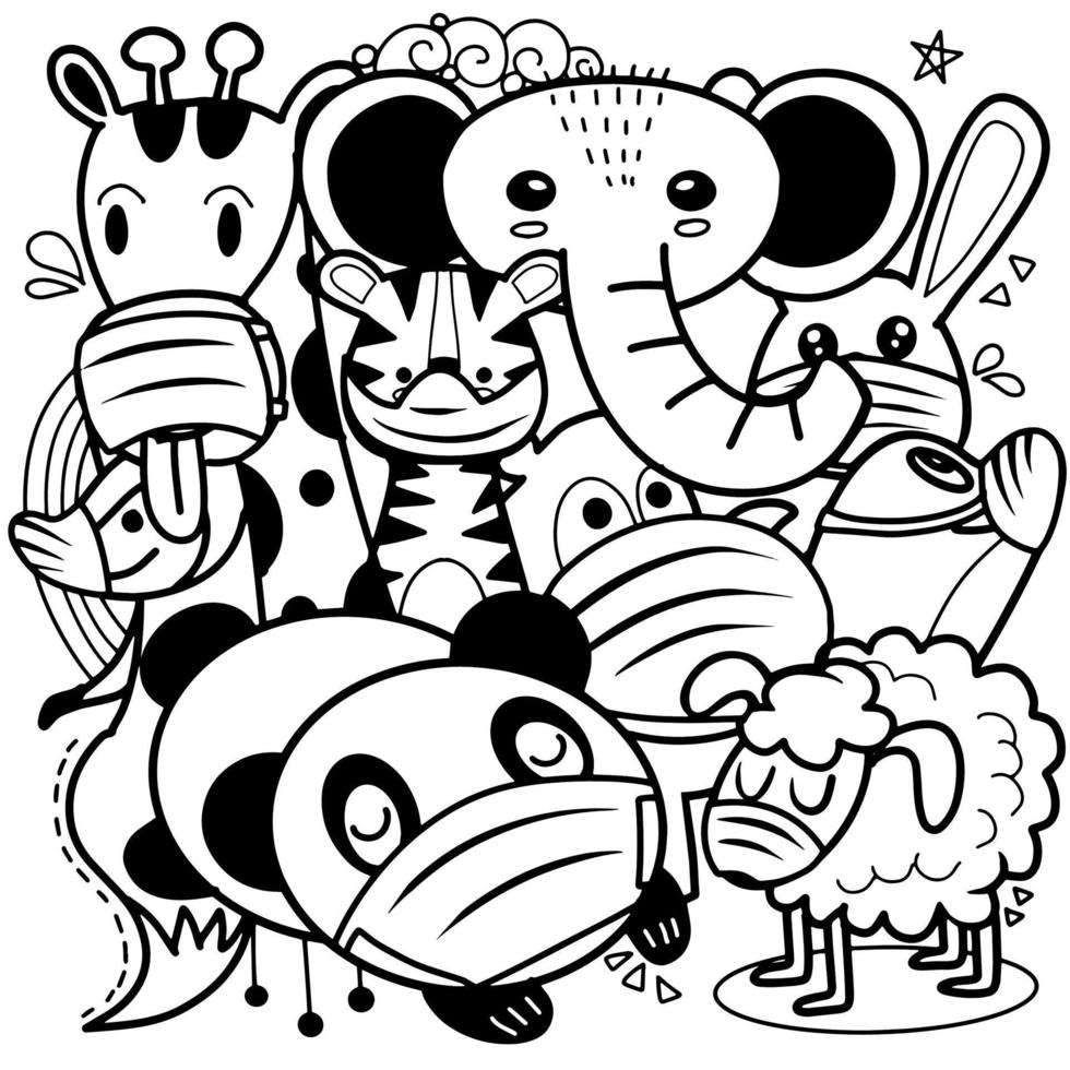 Group of cute animal wearing medical masks to prevent disease, flu,  , corona virus. Wuhan corona virus illustration. covid-19  pneumonia illustration. vector