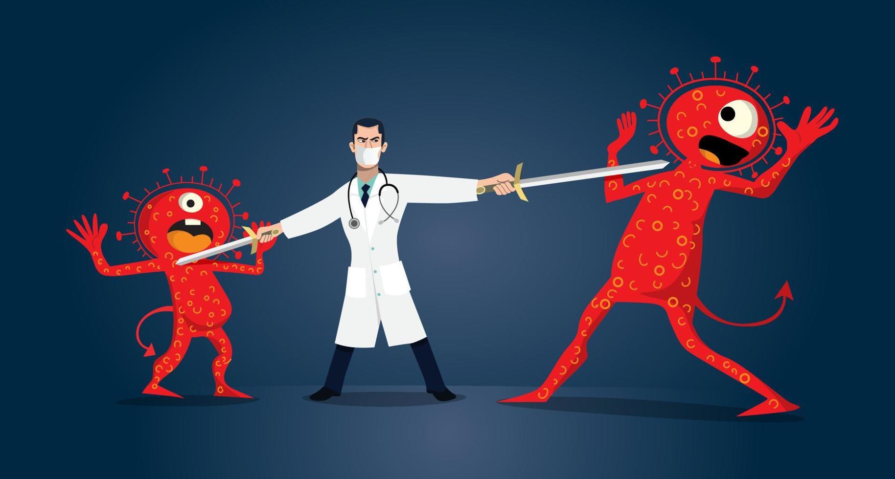 illustration fight covid-19 corona virus. cure corona virus. Doctor fight virus concept. corona viruses vaccine concept. end of 2019-ncov. don't be afraid of the corona virus concept. vector