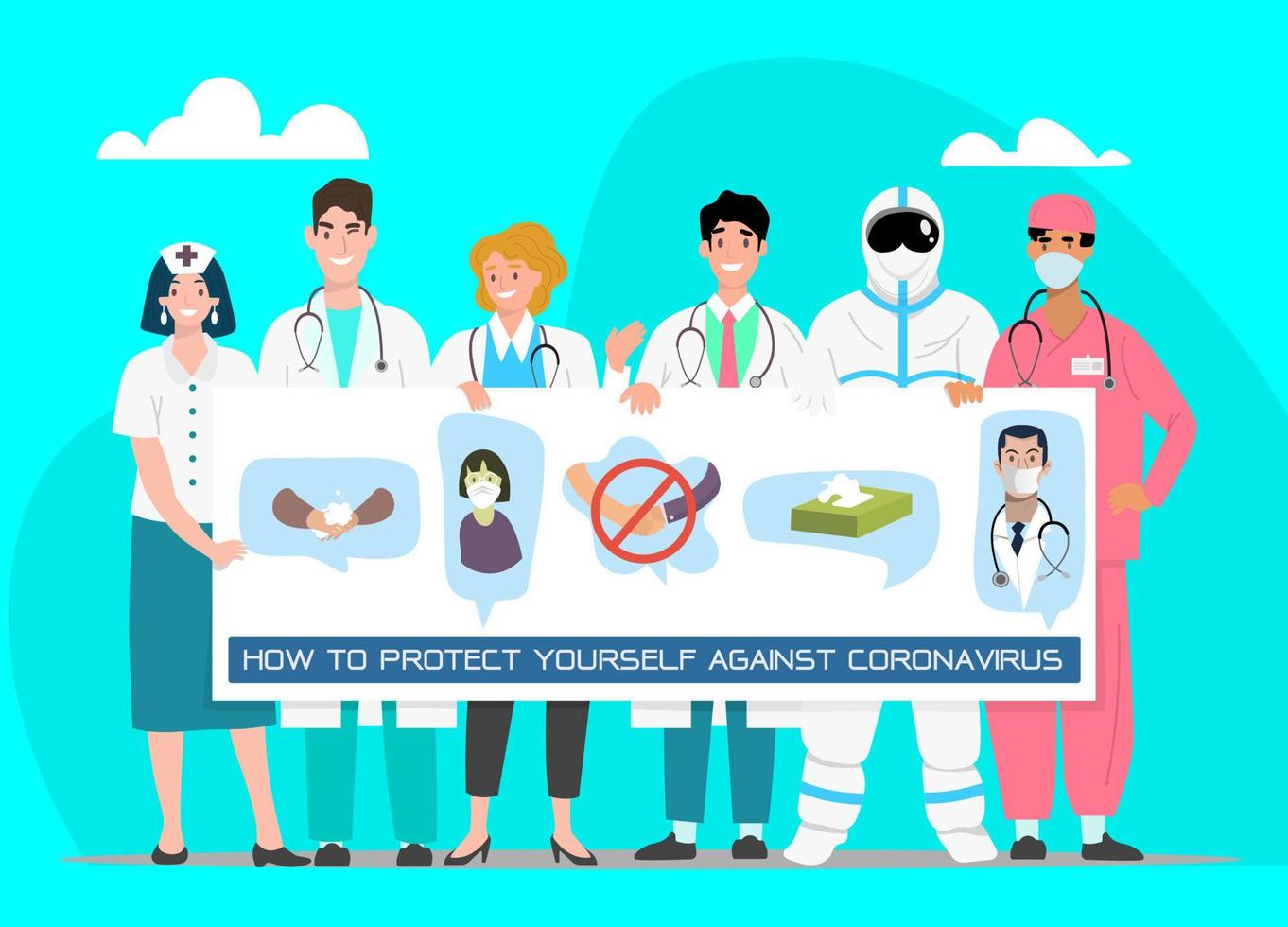 Vector illustration in flat style, team of happy medical holding board, Doctor explain Infographics, wear face mask, wash hand, suggesting the covid-19 virus prevention.